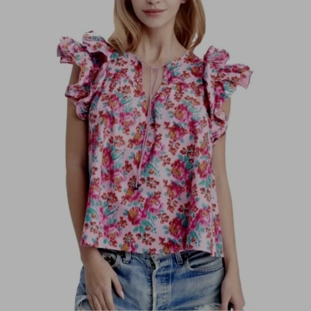 EUC Love the Label Reina Ruffle Sleeve Pink Floral Blouse Khaleesi Raspberry S